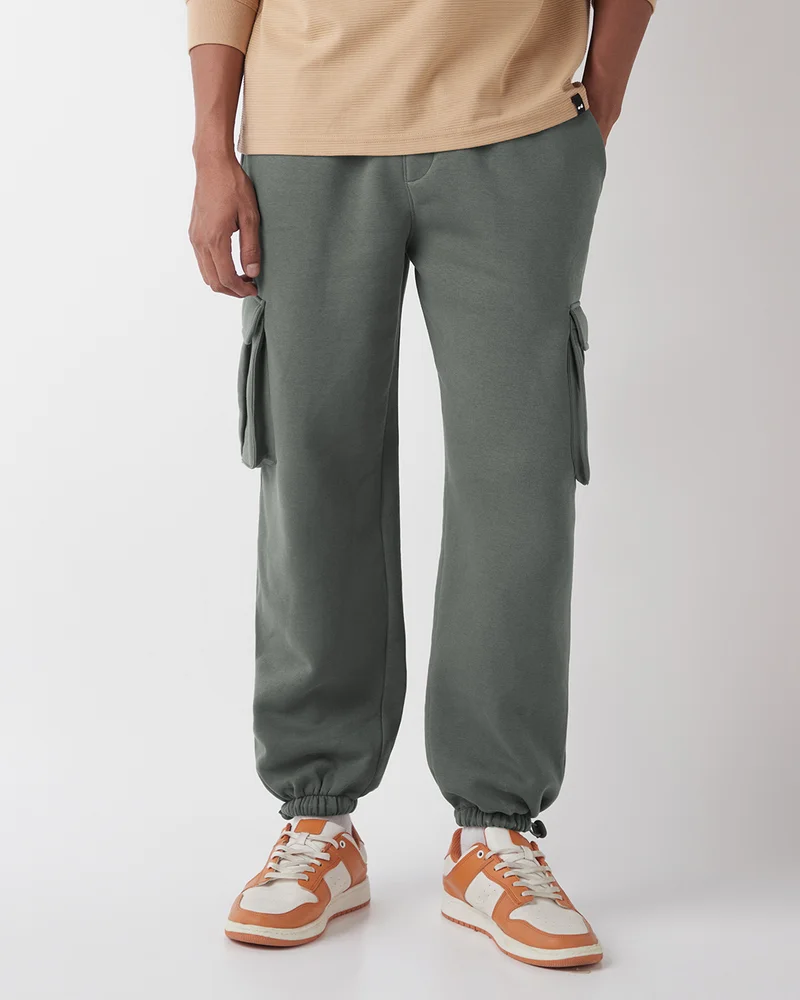 بيواكوف Men's Charcoal Grey Oversized Brushed Cargo Joggers